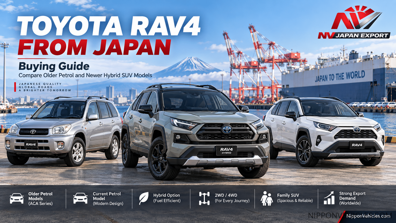 Toyota RAV4 from Japan buying guide comparing older petrol and newer hybrid SUV models